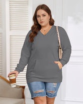 Women's Big And Tall Solid Color V-Neck Kangaroo Pocket Pullover Sweatshirt